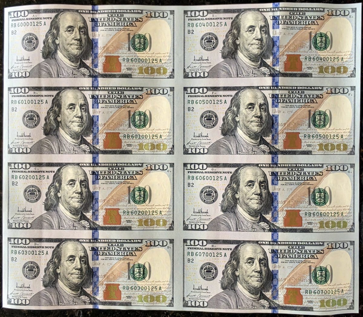 CoinNews photo of the Series 2025 New York 0 eight-note uncut currency sheet featuring Trump and Bessent signatures